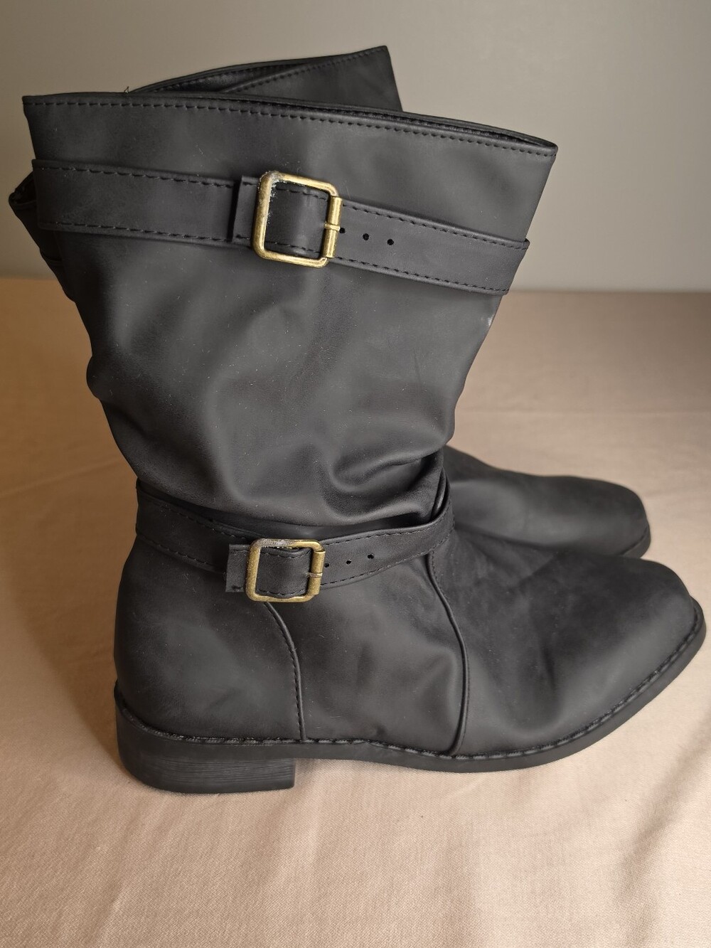 Women's Black Buckle Mid-Calf Boots Faux Leather Size 40 (US 9)